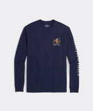 Navy blue Vineyard Vines men's t-shirt with a skeleton fishermen riding an orange Vineyard Vines logo.