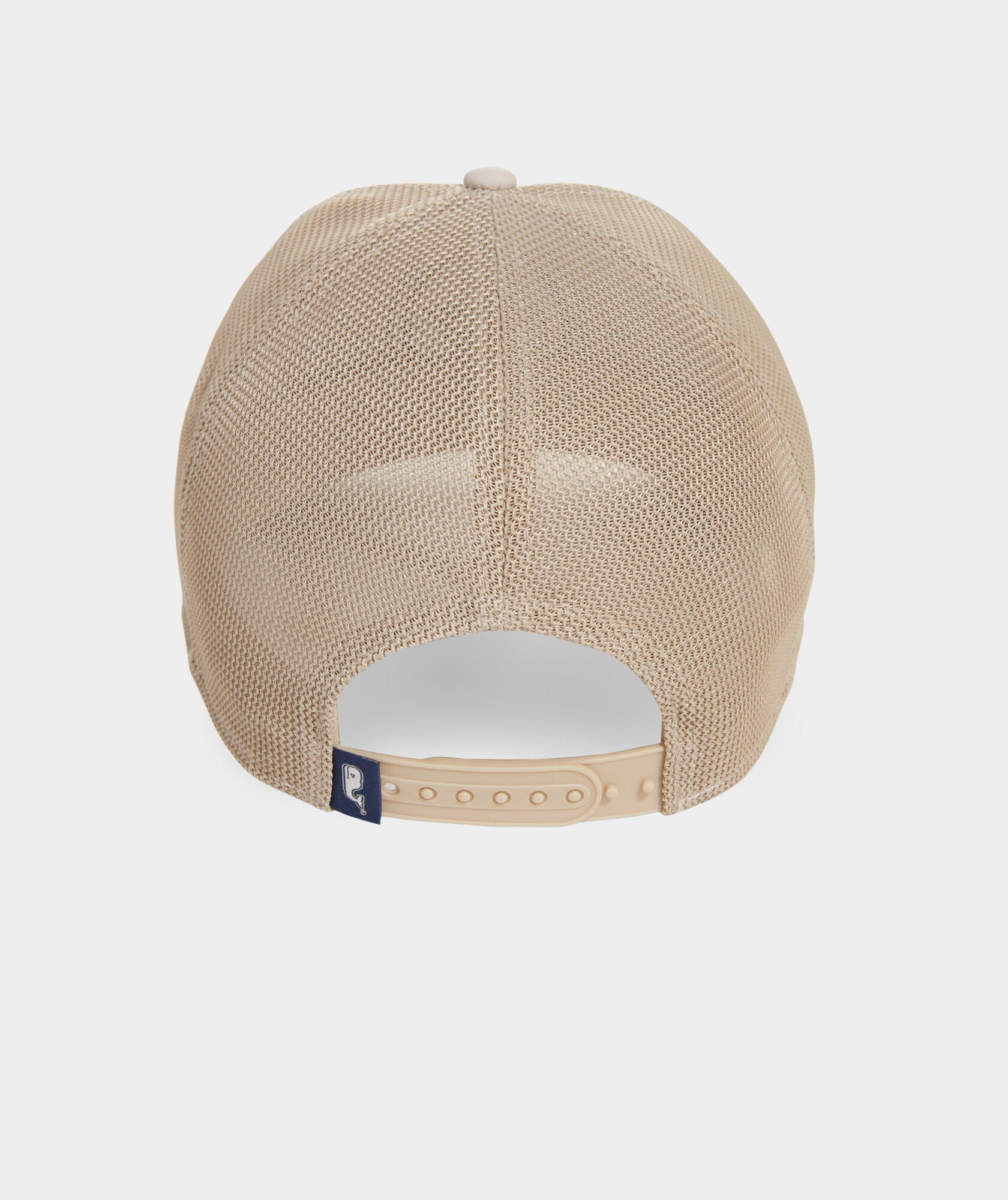 A back view of the adjustable strap on the Velcro Whale Dot Patch Perf Trucker Hat.