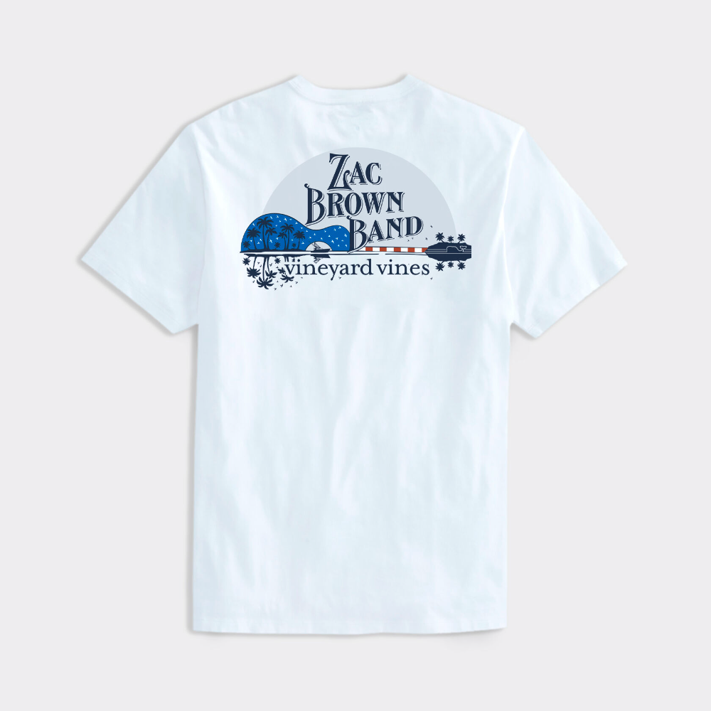 Limited edition Vineyard Vines Zac Brown Band themed t-shirt in the color white. The back graphic shows The Zac Brown Band logo above an American themed guitar split in half over water, with the Vineyard Vines logo directly below it.