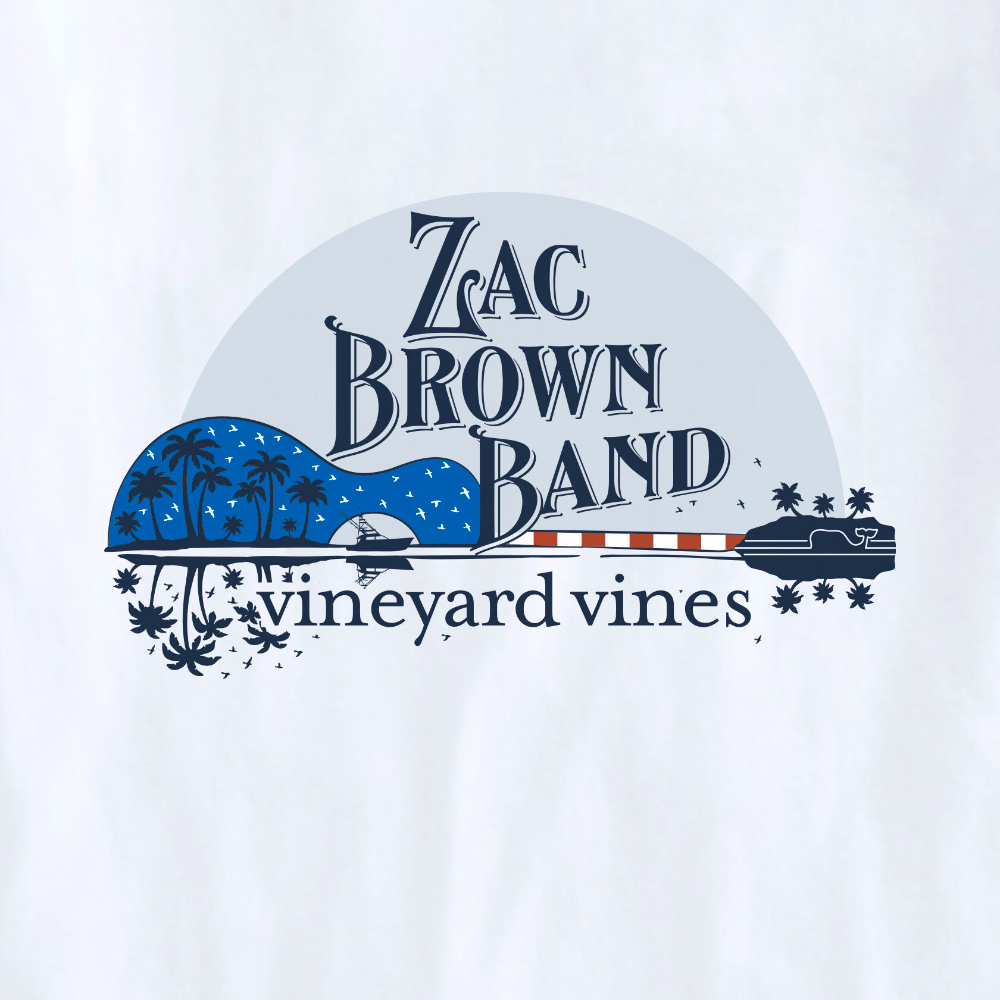 Limited edition Vineyard Vines Zac Brown Band themed t-shirt in the color white. The back graphic shows The Zac Brown Band logo above an American themed guitar split in half over water, with the Vineyard Vines logo directly below it.