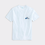 Limited edition Vineyard Vines Zac Brown Band themed t-shirt in the color white. The back graphic shows The Zac Brown Band logo above an American themed guitar split in half over water, with the Vineyard Vines logo directly below it.