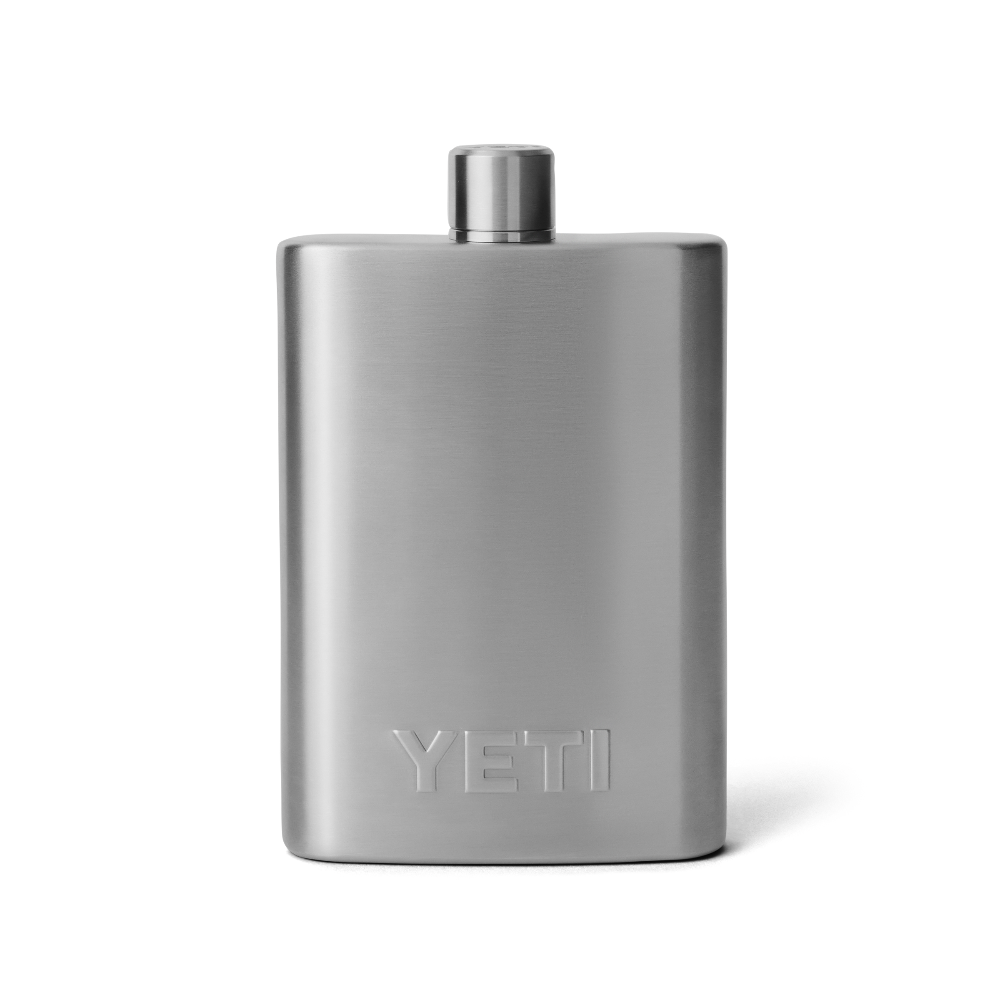 The front view of a stainless steel YETI flask. From the YETI barware collection.