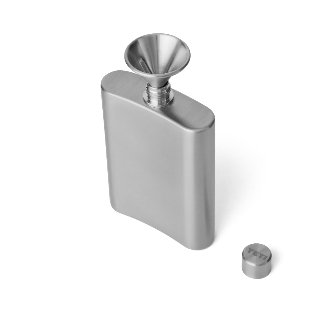 The top view of a stainless steel YETI flask with a stainless steel funnel for easy pouring. From the YETI barware collection.