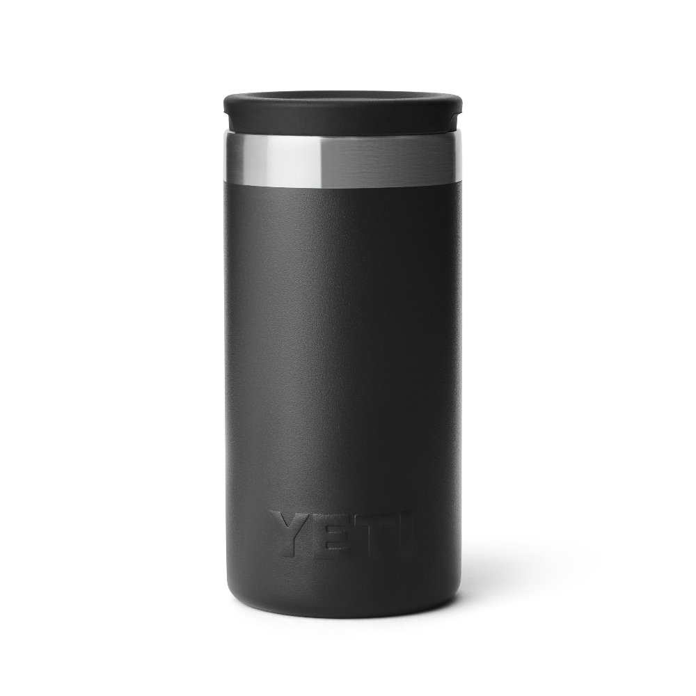 A black shot glass travel case with a stainless steel rim at the top with a black lid, and a black YETI logo at the bottom of the case.