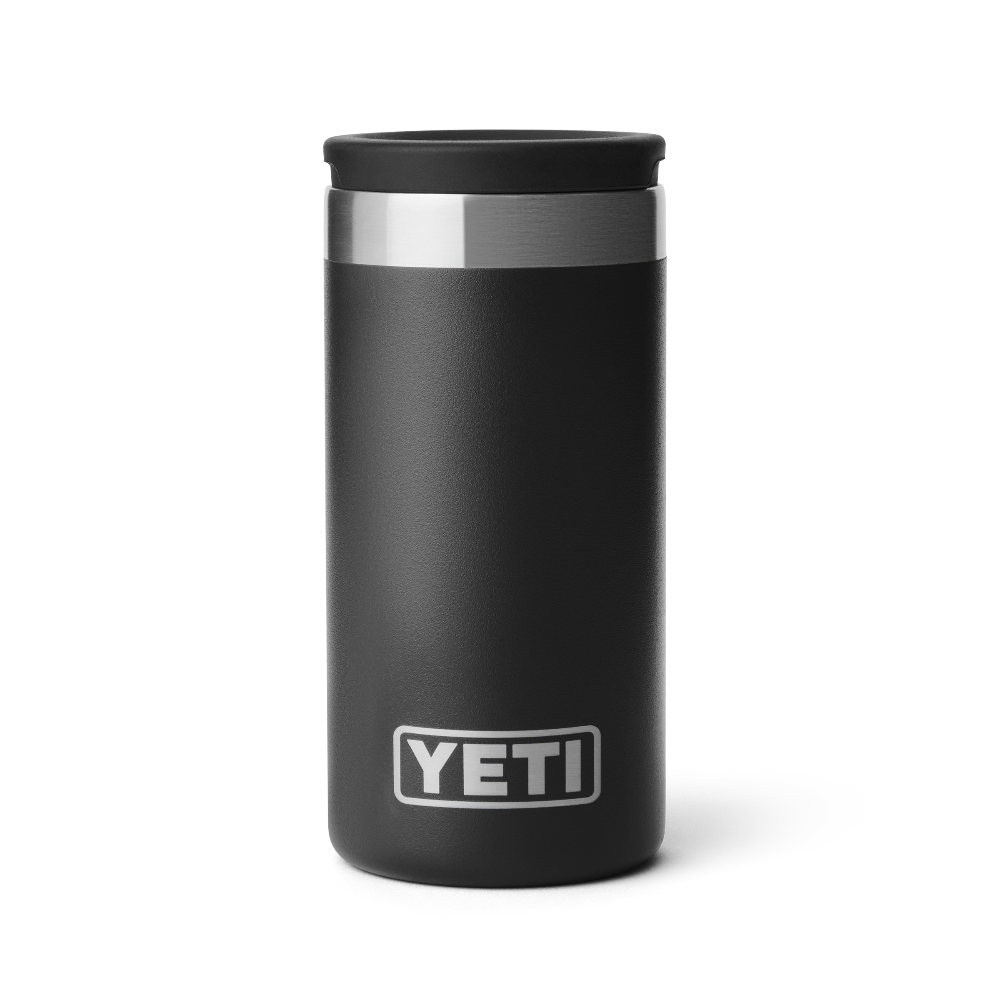 A black shot glass travel case with a stainless steel rim a the top, and a black lid. Showing a silver YETI logo on the front of the case.