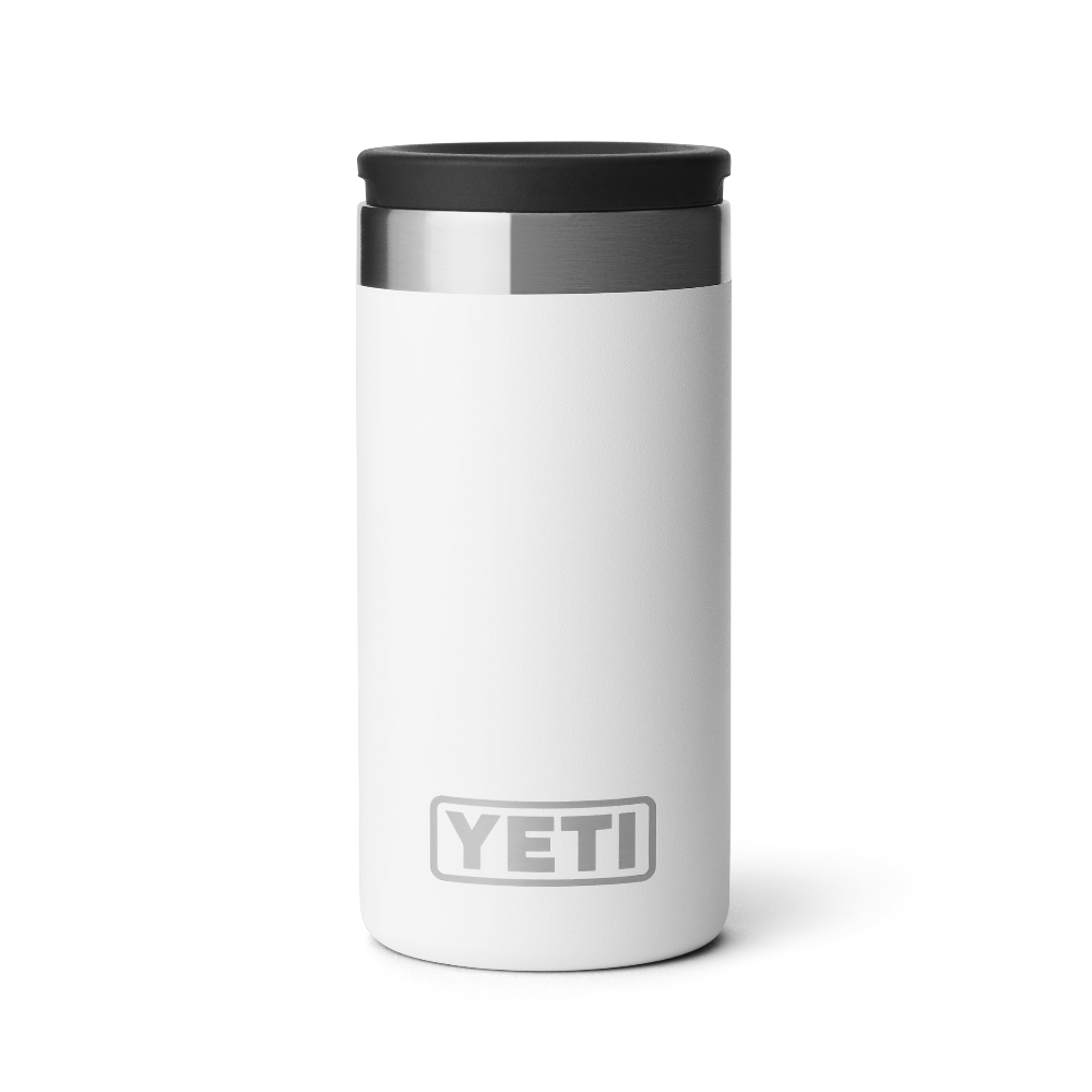 A white shot glass travel case with a stainless steel rim a the top, and a black lid. Showing a silver YETI logo on the front of the case.