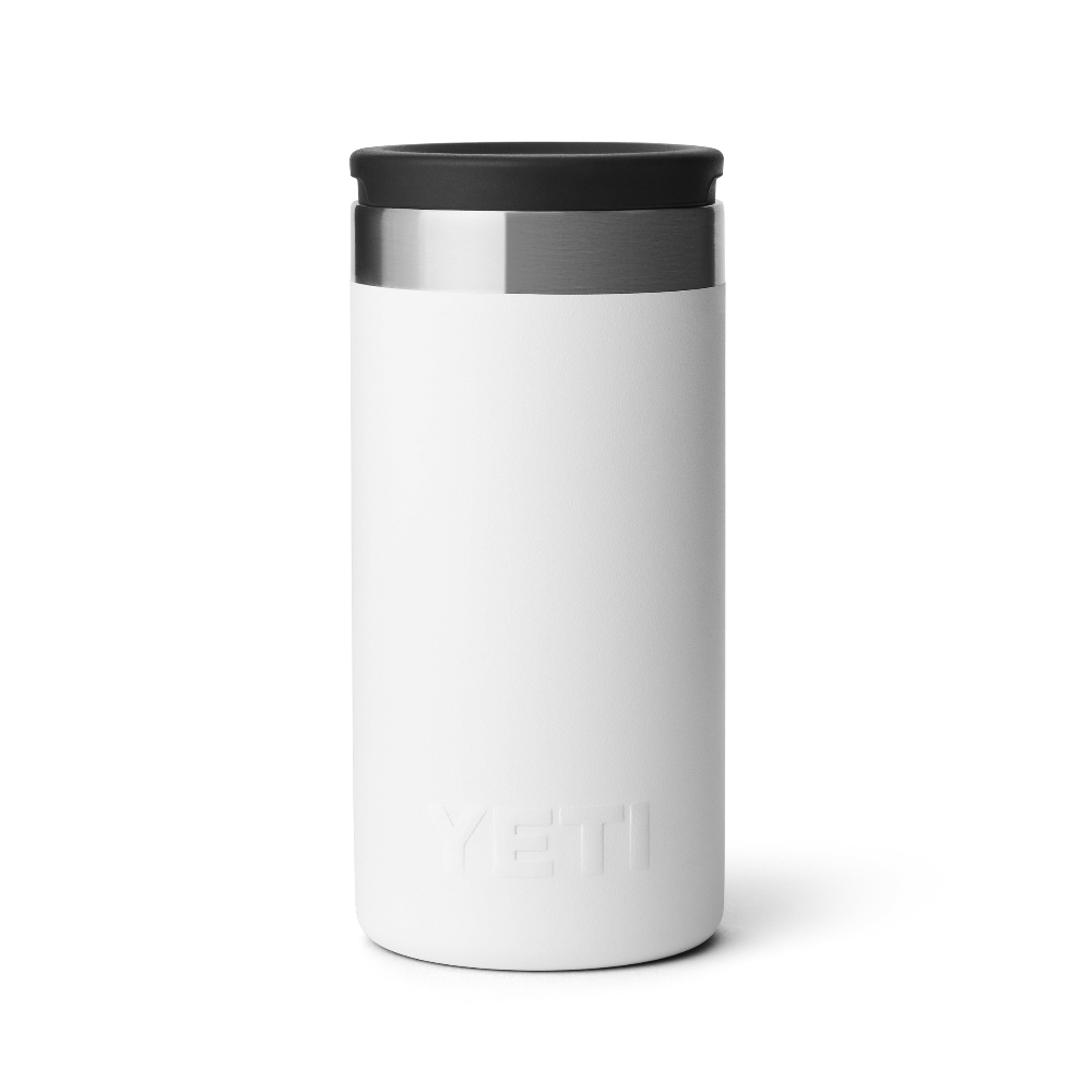 A white shot glass travel case with a stainless steel rim at the top with a black lid, and a white YETI logo at the bottom of the case.