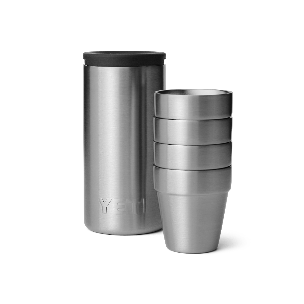 Stainless steel YETI shot glasses and travel case.