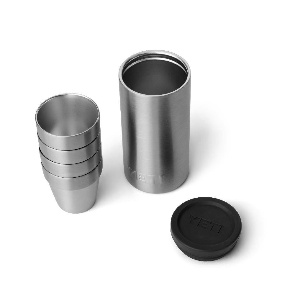 Stainless steel YETI shot glasses and travel case.