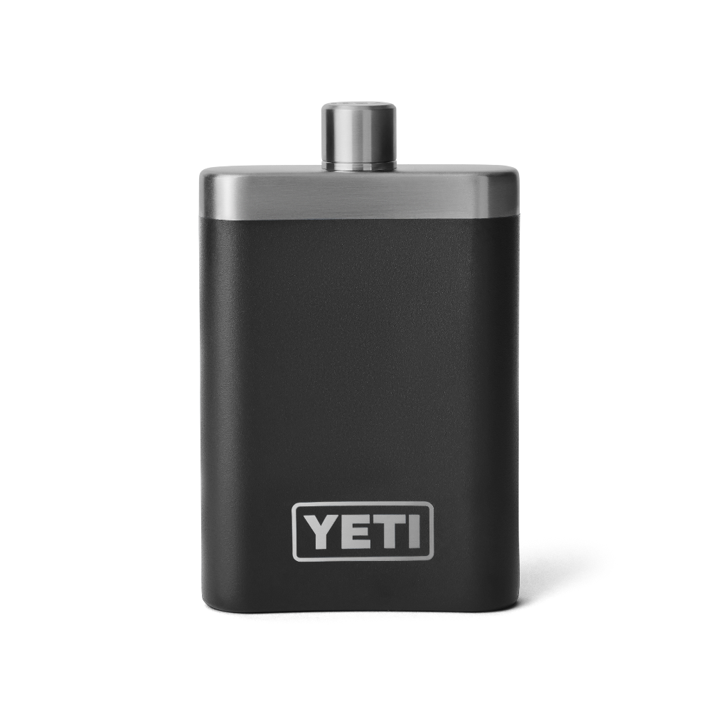 The front view of a black YETI flask. From the YETI barware collection.