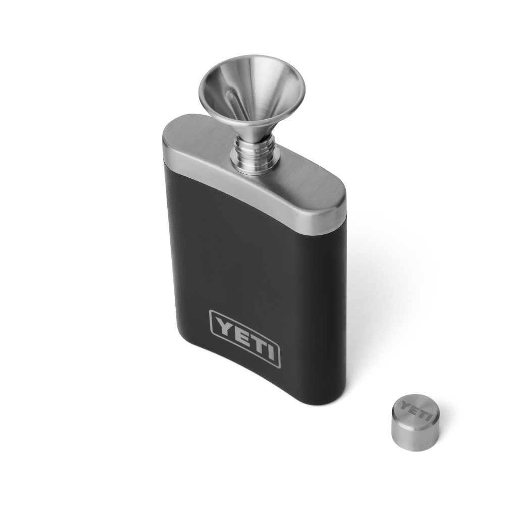 The top view of a black YETI flask with a stainless steel funnel for easy pouring. From the YETI barware collection.