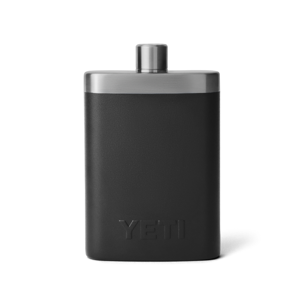 The back view of a black YETI flask. From the YETI barware collection.