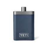 The front view of a navy blue YETI flask. From the YETI barware collection.