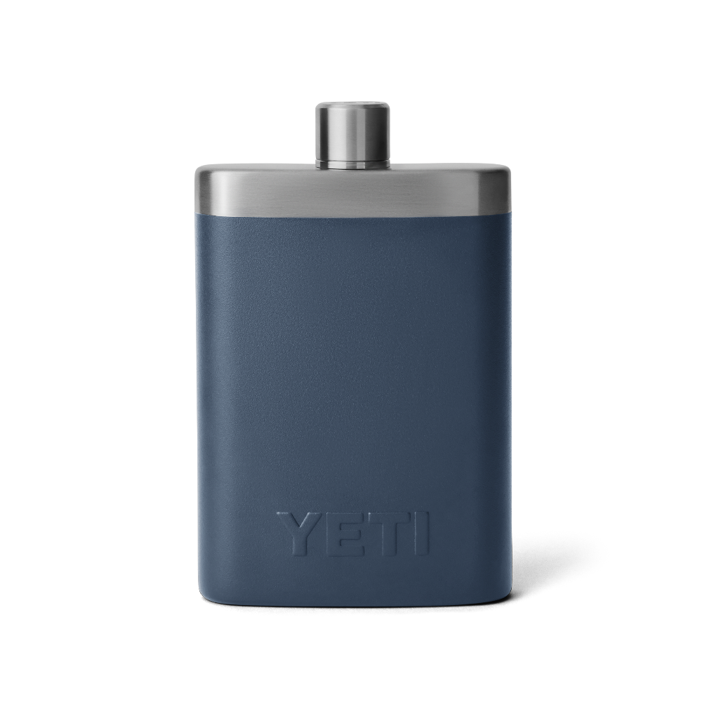 The back view of a navy blue YETI flask. From the YETI barware collection.