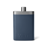 The back view of a navy blue YETI flask. From the YETI barware collection.