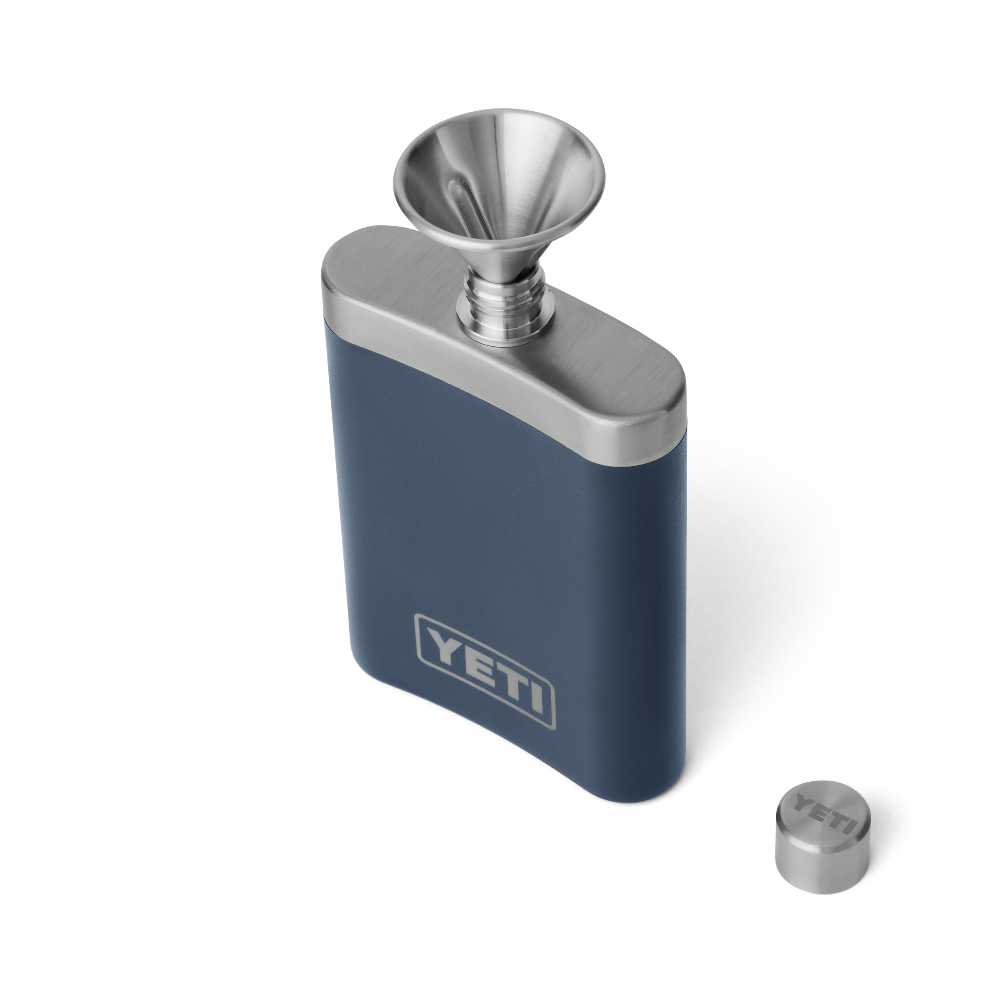 The top view of a navy blue YETI flask with a stainless steel funnel for easy pouring. From the YETI barware collection.