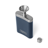 The top view of a navy blue YETI flask with a stainless steel funnel for easy pouring. From the YETI barware collection.