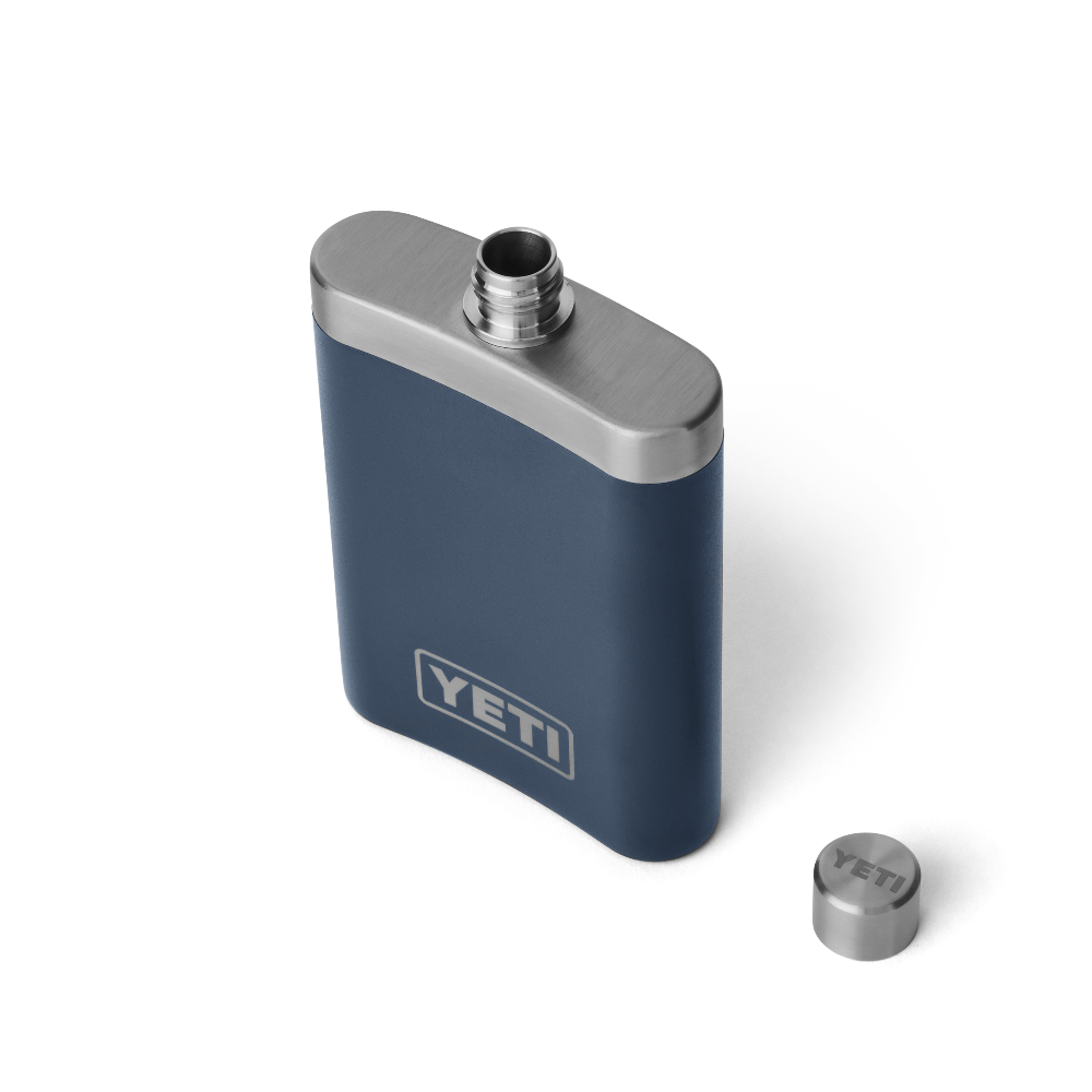 The top view of a navy blue YETI flask. From the YETI barware collection.