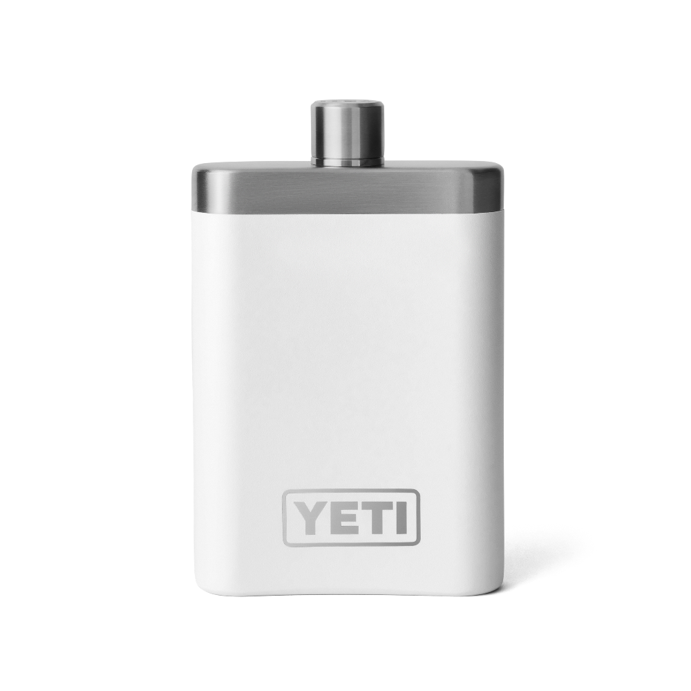 The front view of a white YETI flask. From the YETI barware collection.