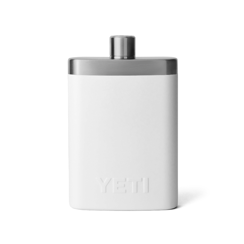 The back of a white YETI Flask. From the YETI barware collection.