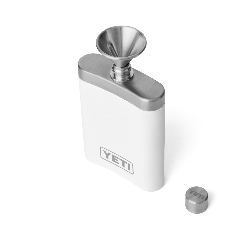 The top view of a white YETI flask with a stainless steel funnel for easy pouring. From the YETI barware collection.