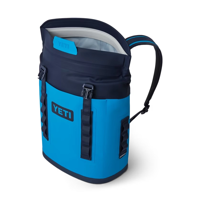 YETI Hopper Backpack M12 Soft Cooler in Big Blue Wave and Navy.