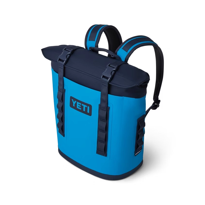 YETI Hopper Backpack M12 Soft Cooler in Big Blue Wave and Navy.