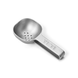 Stainless steel YETI ice scooper with drain holes.