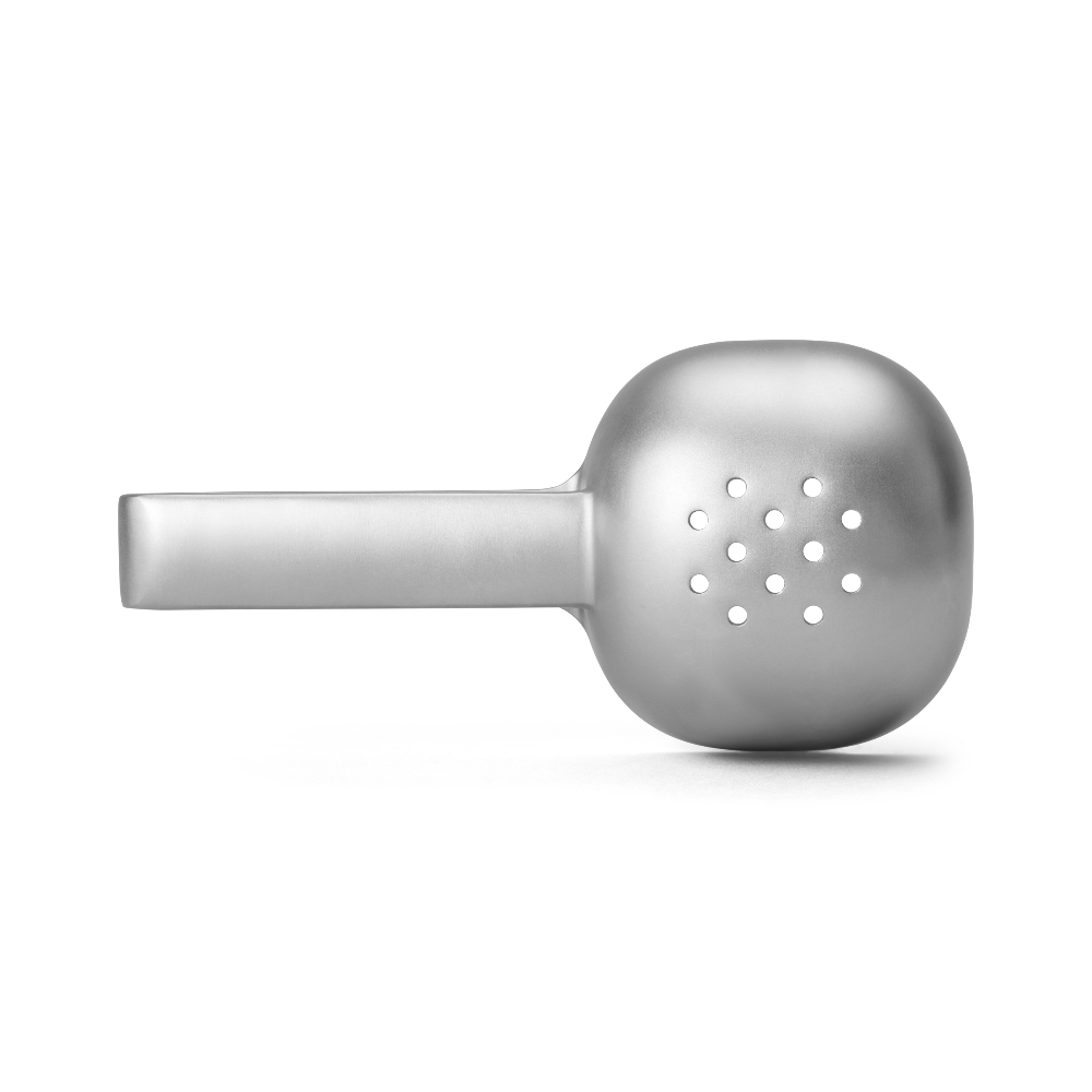 Stainless steel YETI ice scooper with drain holes.