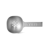 Stainless steel YETI ice scooper with drain holes.