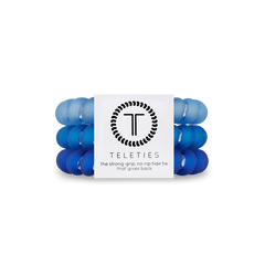 A pack of 3 blue colored hair ties, from TELETIES.