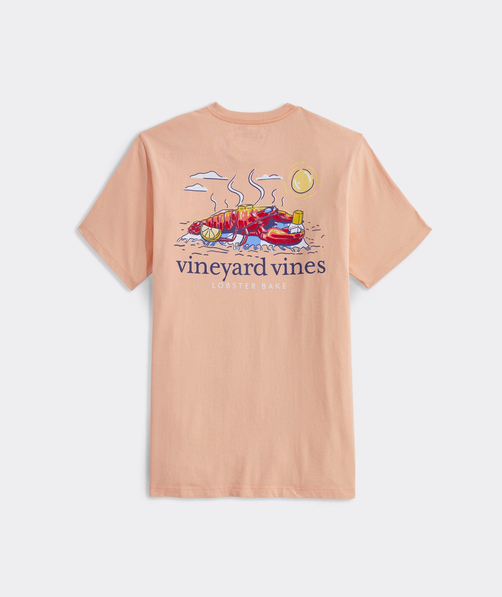 A Vineyard Vines short sleeve t-shirt with a Lobster, sunbathing on the back.