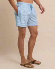 Side view of the Southern Tide Ocean Water Stripe Swim Trunk by Southern Tide - Subdued Blue