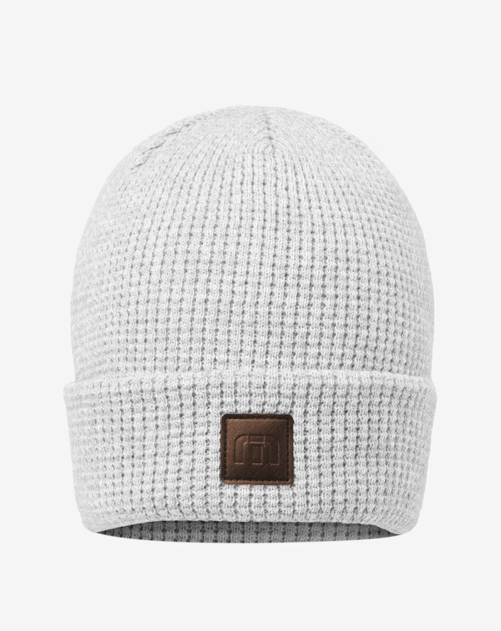 Grey waffle beanie with a brown TravisMathew logo.