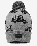 Grey beanie with a palm ball on the top. The beanie has the TravisMathew logo on the front, with the TravisMathew guy drinking in a golf cart logo all around the beanie.