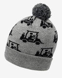 Grey beanie with a palm ball on the top. The beanie has the TravisMathew logo on the front, with the TravisMathew guy drinking in a golf cart logo all around the beanie.