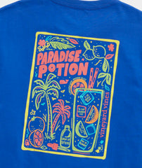Vineyard Vines men's paradise potion blue t-shirt, full view of the logo on the back.