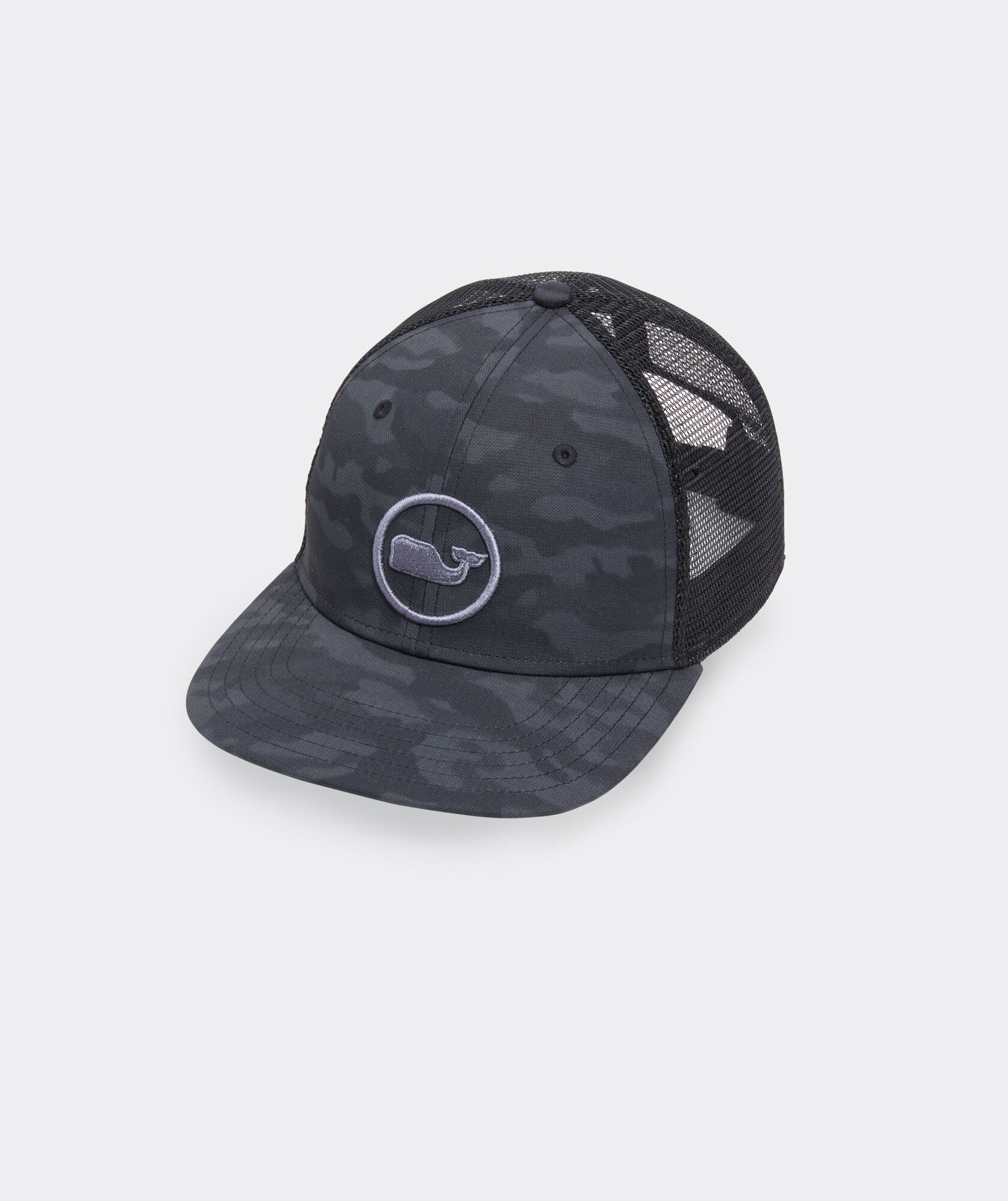 Vineyard Vines Gray Camo Whale Dot Trucker Hat.