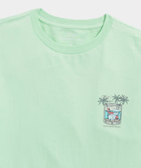 A close up of the Men's Whiskey Fish Short Sleeve Tee, showing the cocktail logo on the chest, with no pocket.