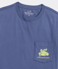 A close up view of the Men's Lazy River Turtle Short Sleeve Pocket Tee. Showing the relaxing turtle graphic on the pocket.