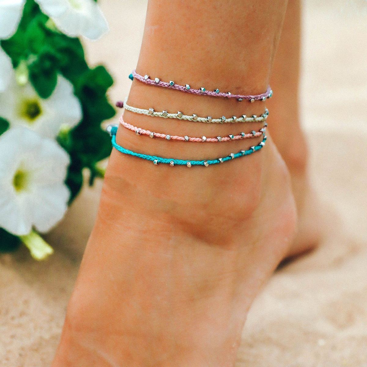 Pura Vida Silver Stitched Bead Anklet Lavender