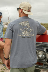 A back view of the Burlebo Men's Jumping Camo Fish Short Sleeve Tee. With a camo fish jumping out of camo water, and the phrase "Burlebo Outdoors" at the bottom.