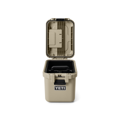 YETI LoadOut® GoBox 15 In Tan front view with the lid open.