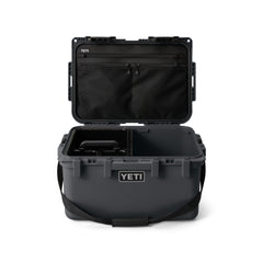YETI LoadOut® GoBox 30 In Charcoal with the lid open.