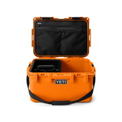 YETI LoadOut® GoBox 30 In King Crab Orange, front view with the lid open, showing accessories on the inside.