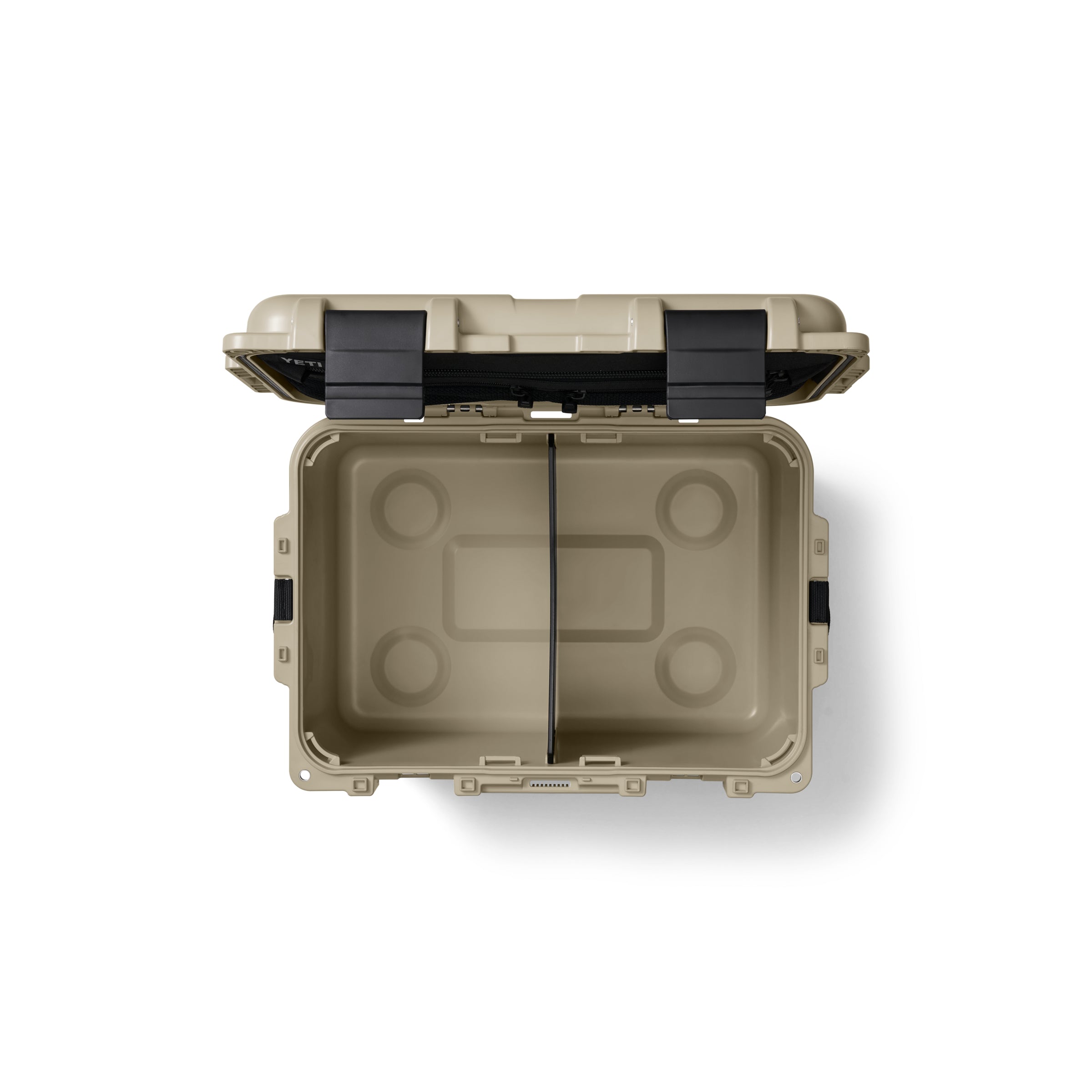 YETI LoadOut® GoBox 30 In Tan, top down view of the inside with a middle divider.