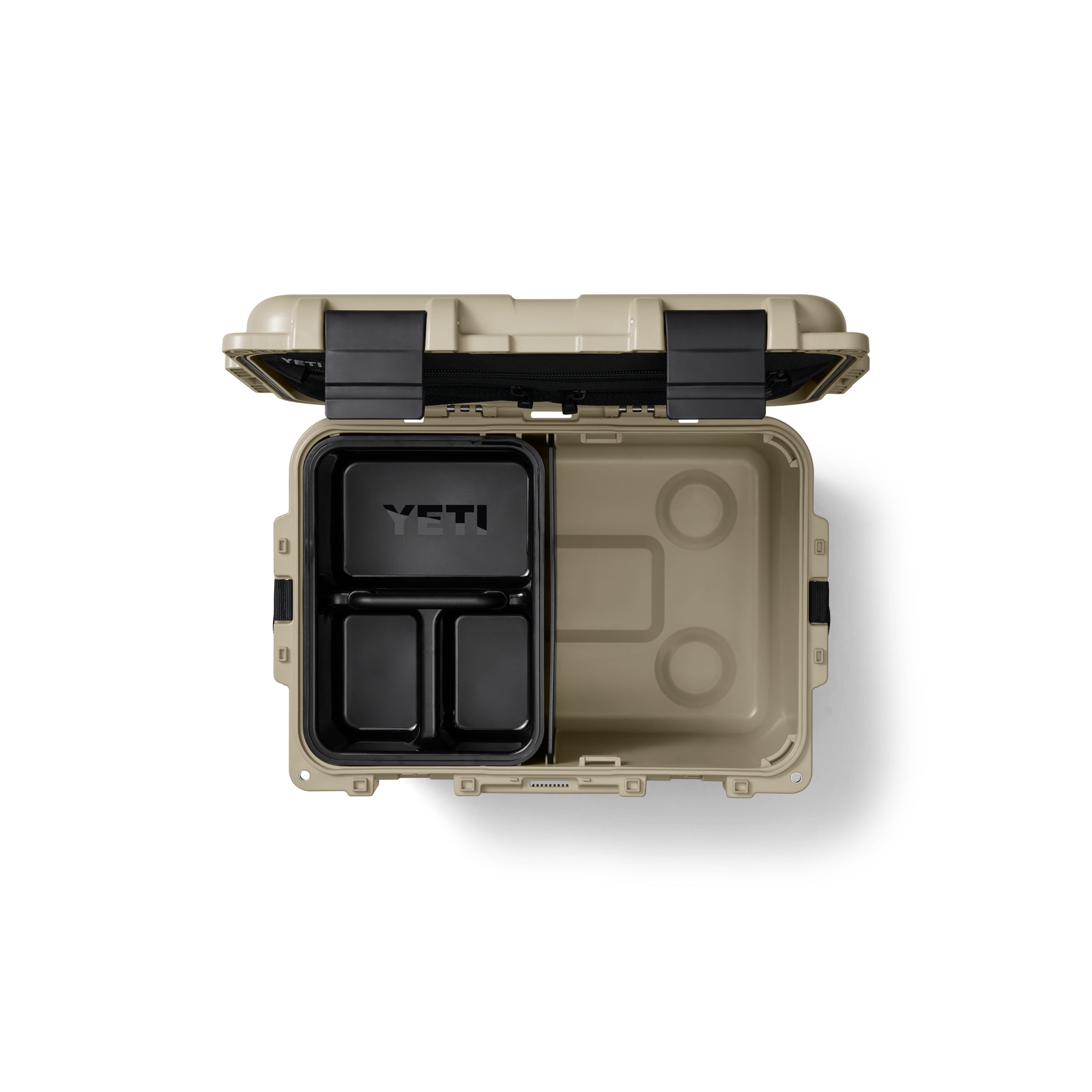 YETI LoadOut® GoBox 30 In Tan, top down view with a caddie on the left side.