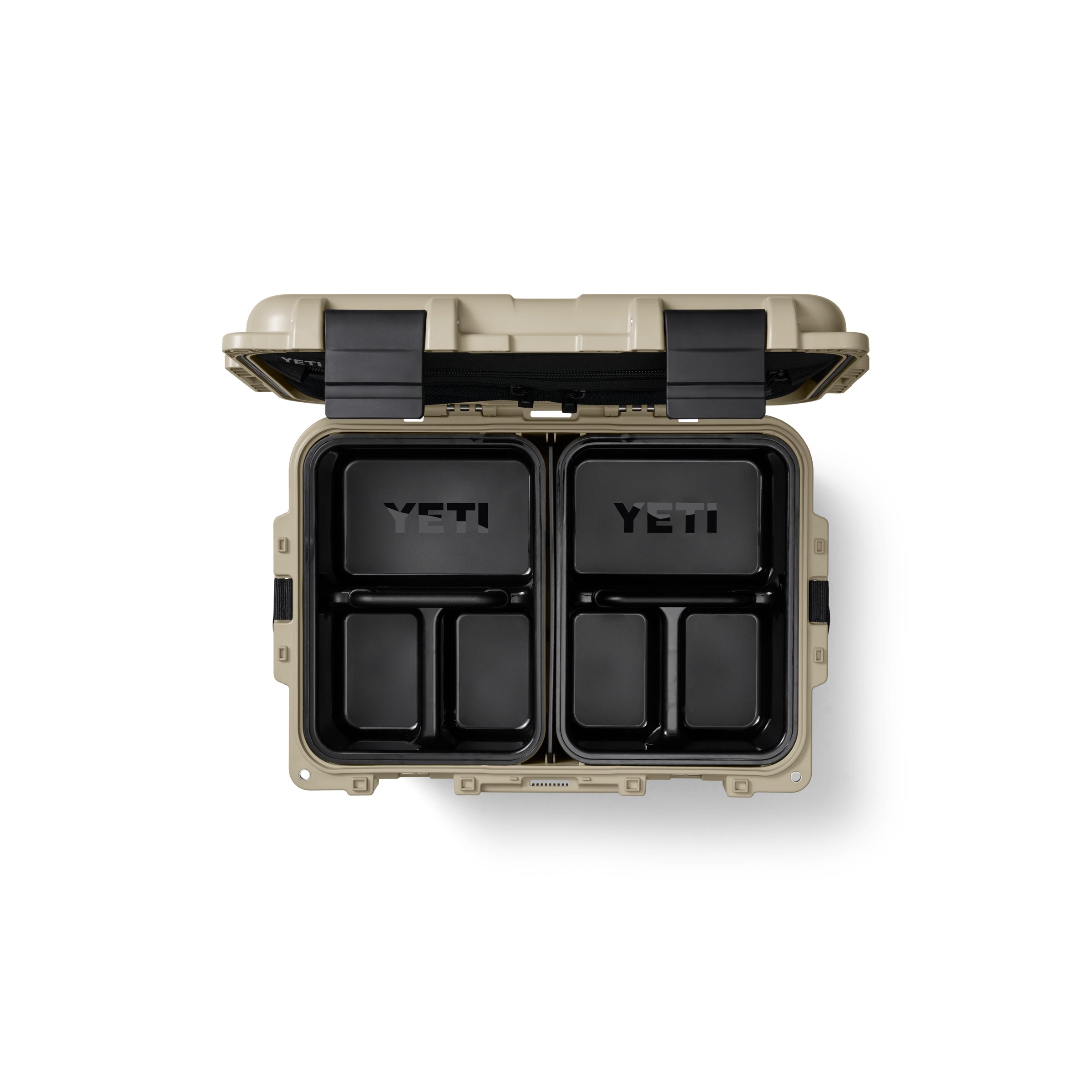 YETI LoadOut® GoBox 30 In Tan, top down view of the inside with two caddies.