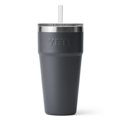 YETI rambler 26 oz cup with a straw in Charcoal backside