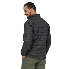 The back of a grey nano puff jacket.